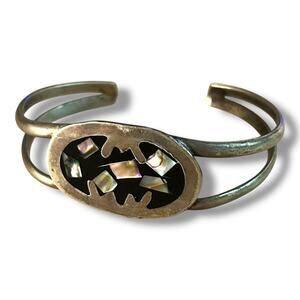 Vintage Mexico Alpaca Silver Abalone Inlay on Black Enamel Center Cuff Bracelet